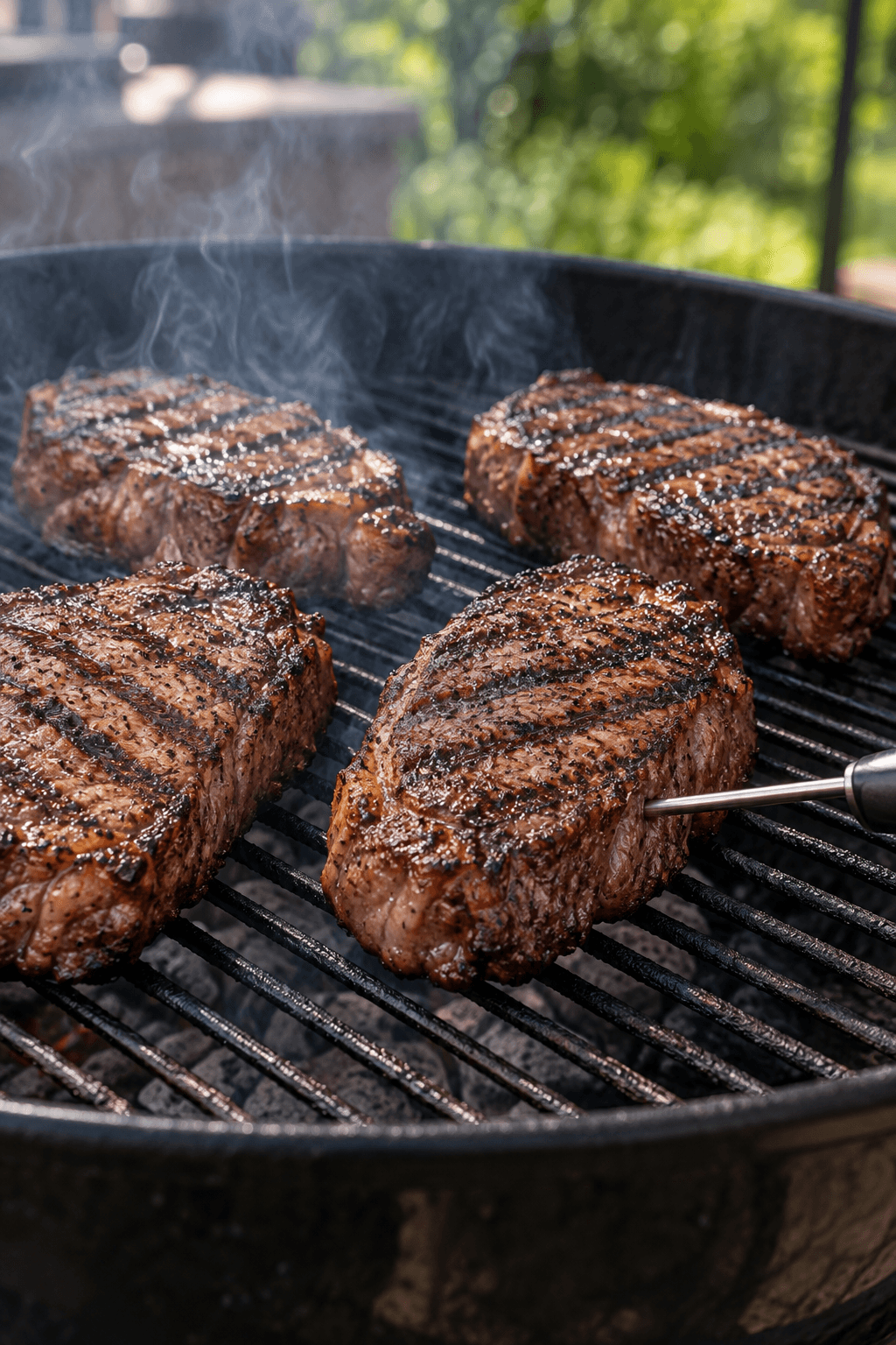 Fire steaks grilles med mørke mærker, mens centrum måles fra siden