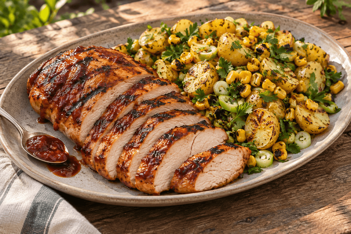 Grillet kalkunbryst med rabarber-chipotle-glaze og majs-kartoffelsalat