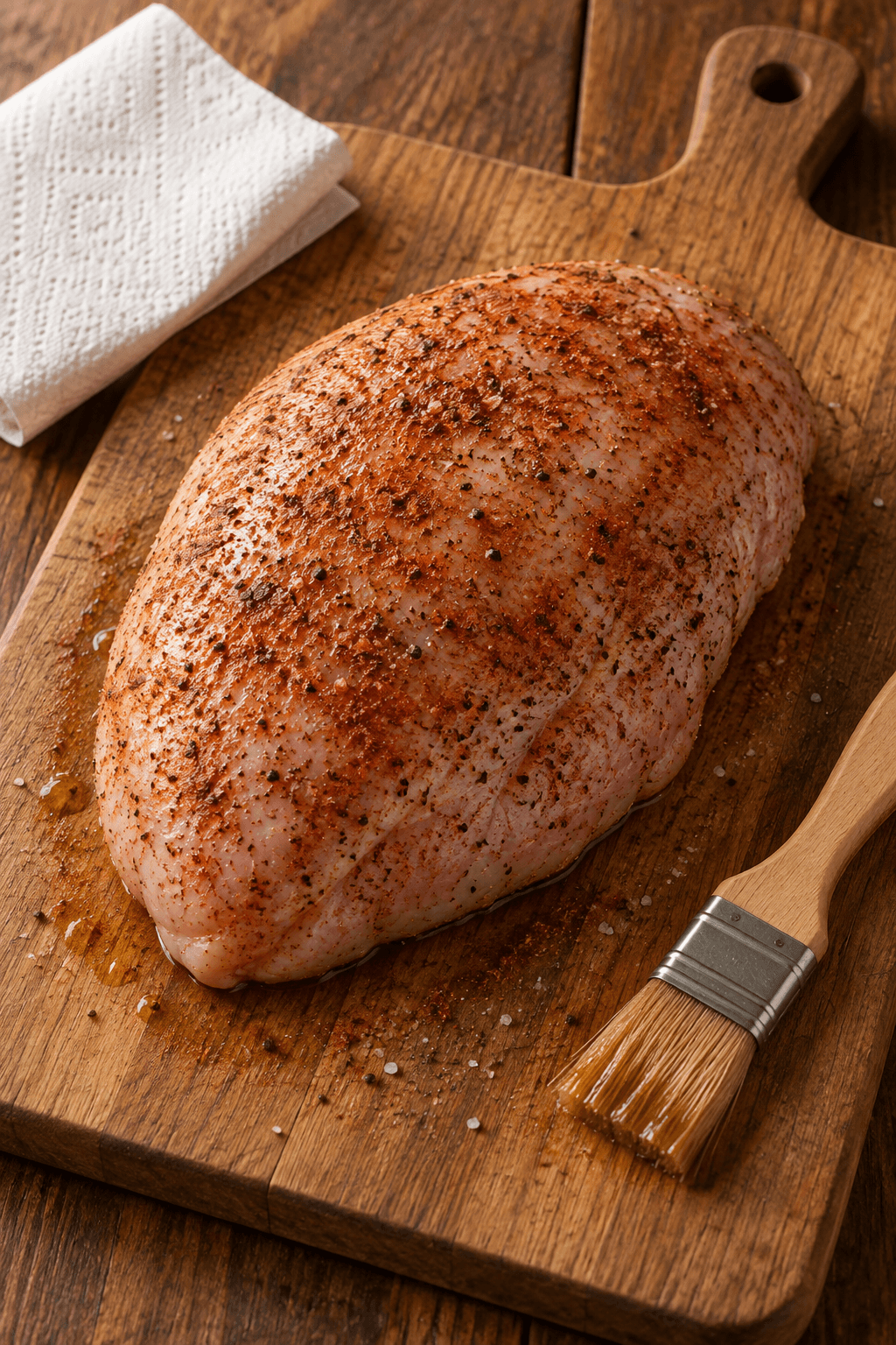 Ét helt kalkunbryst krydret med paprika, salt og olie på et bræt