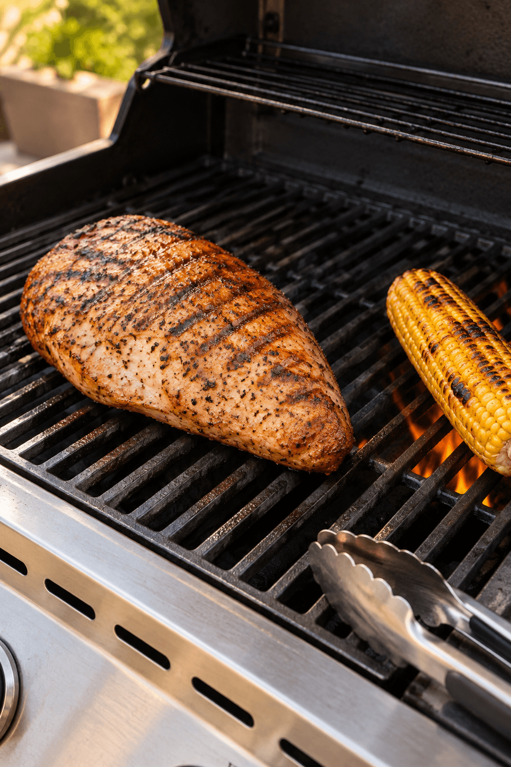 Et helt kalkunbryst og én majskolbe grilles med tydelige grillmærker