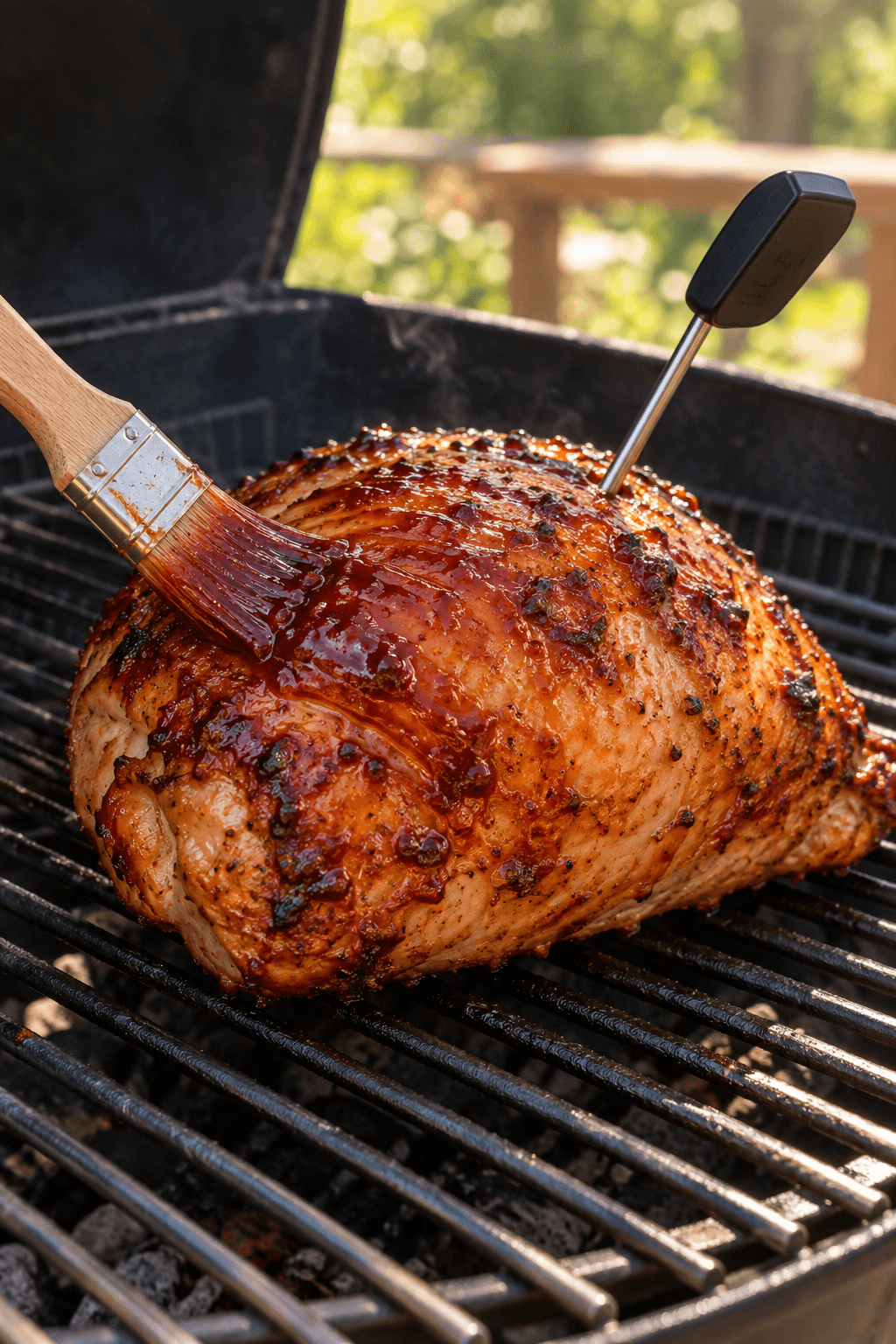 Kalkunbryst pensles med blank rabarberglaze og temperaturmåles på grillen