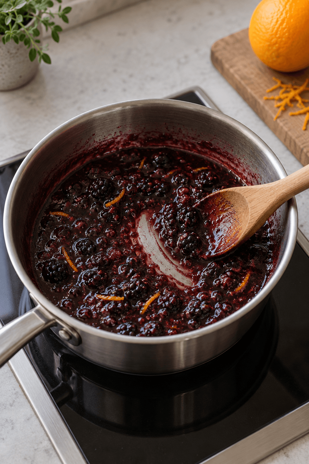Brombær, balsamico og appelsin reduceres til blank mørk glasur i én gryde