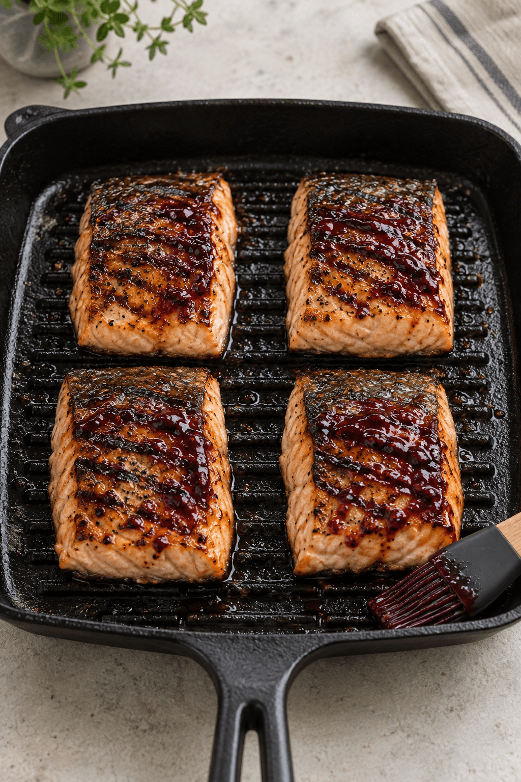 Fire grillede laksefileter penslet med brombær-balsamicoglasur på én pande