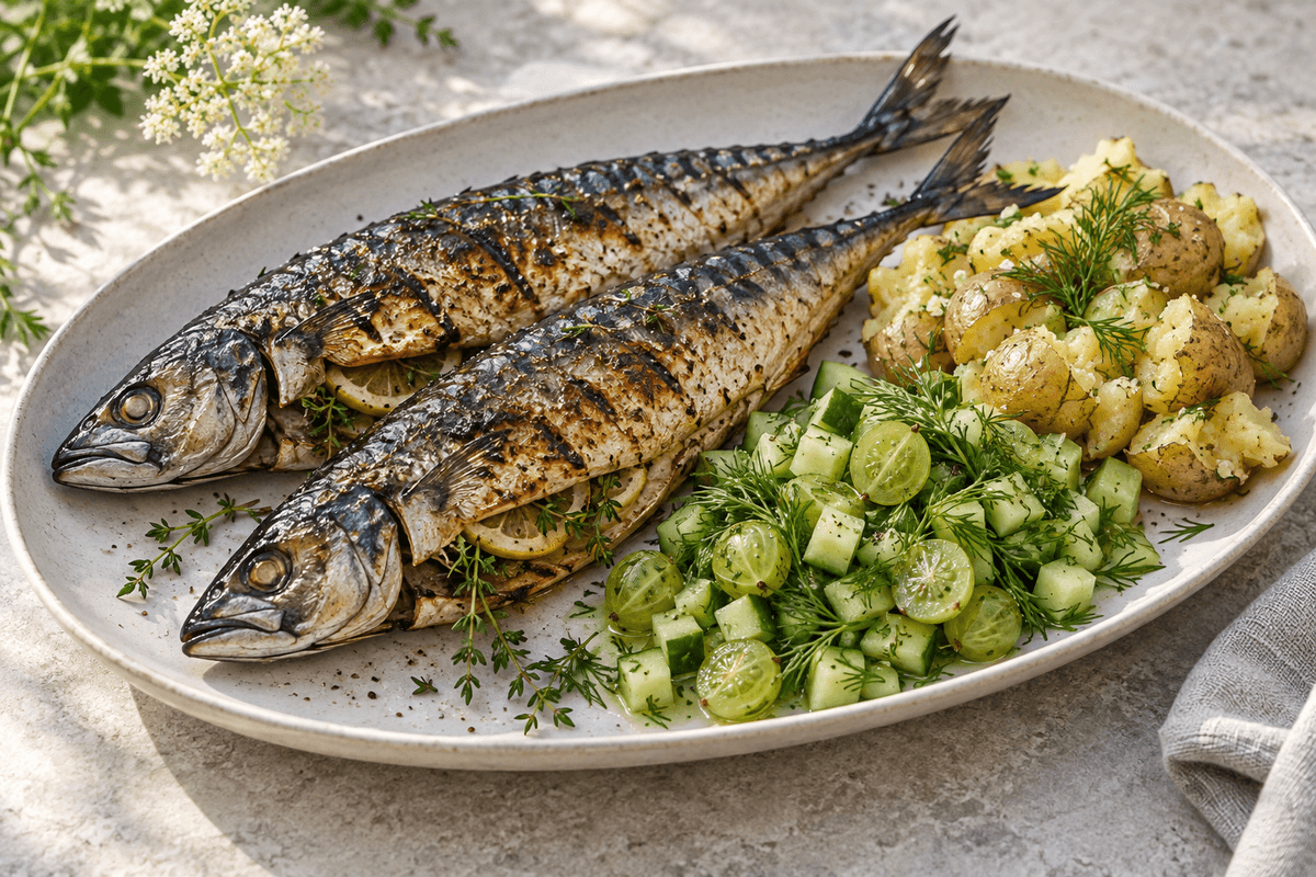 Grillet makrel med timian, stikkelsbær-agurkerelish og sennepskartofler
