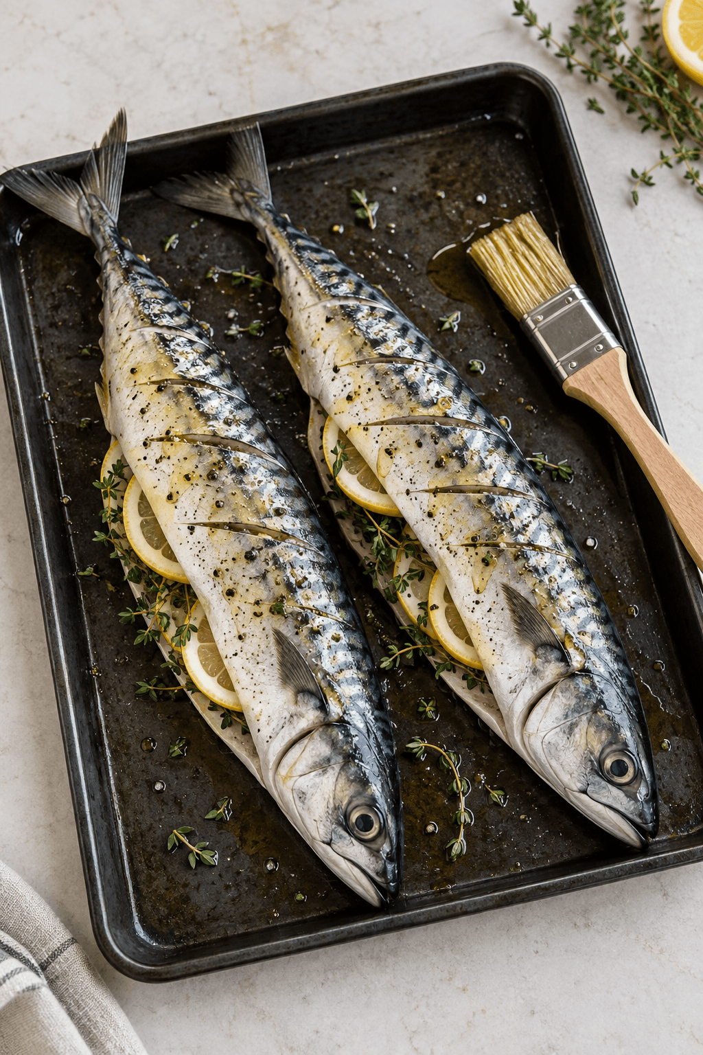 To rå makreller pensles med timianolie og fyldes med citron og timian