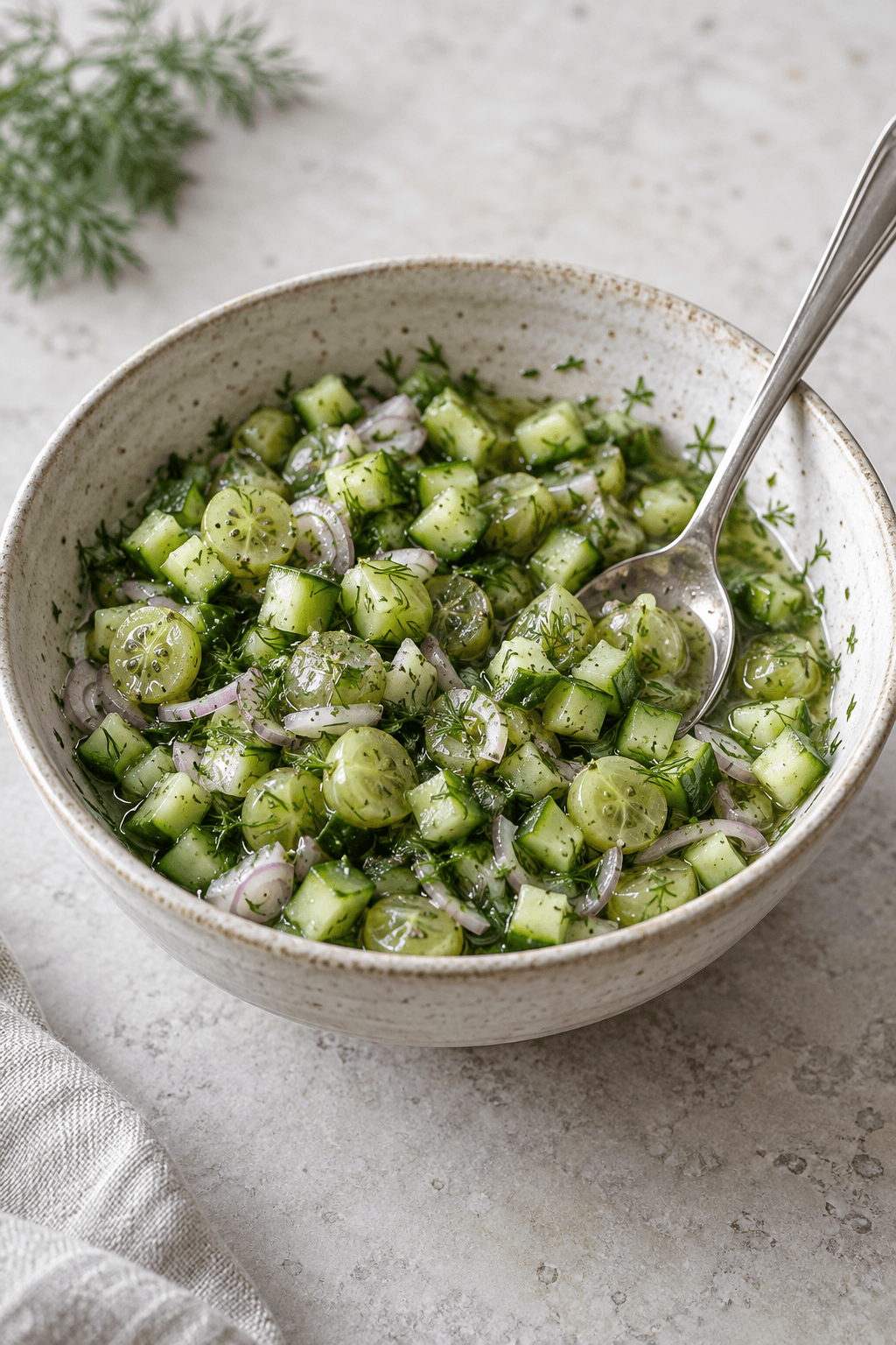 Sprød relish med agurk, halve grønne stikkelsbær, skalotteløg og dild