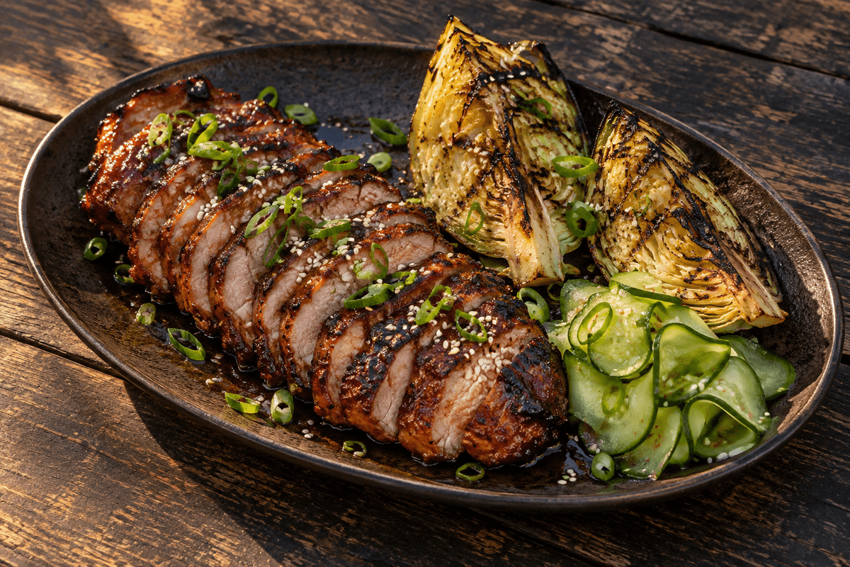 Skiveskåret BBQ-nakkefilet med blomme-miso-glasur, spidskål og agurk