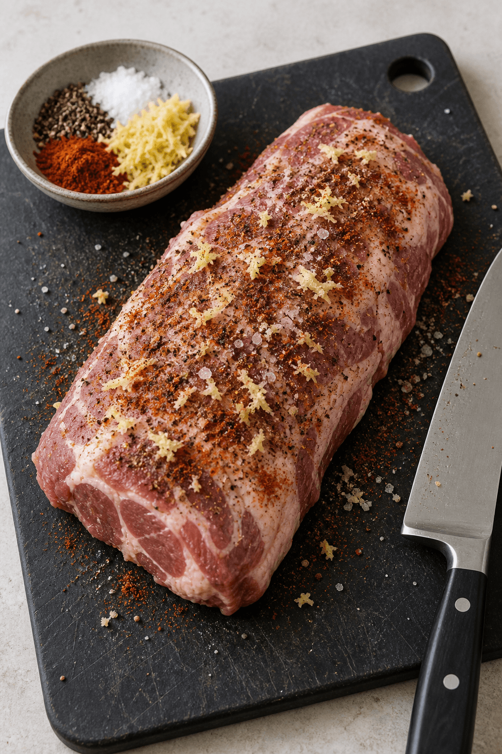 Én hel rå nakkefilet tørkrydres med ingefær og røget paprika på ét bræt