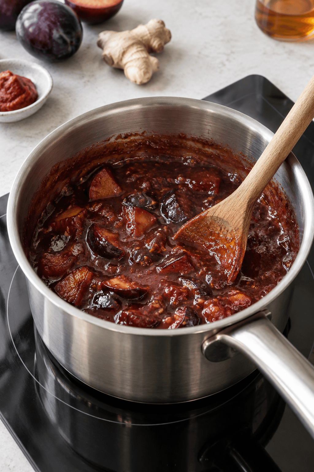 Blomme-miso-barbecueglasur koges tyk og blank i én lille gryde