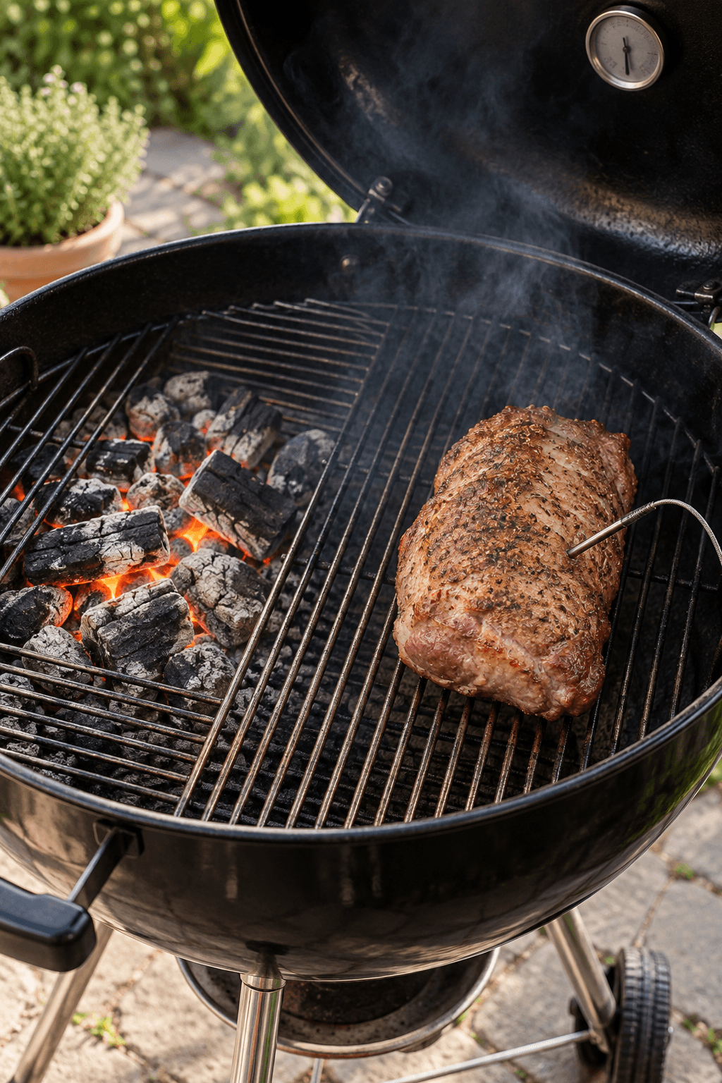 Én nakkefilet grilles med termometer på den kølige side af én to-zone-kuglegrill