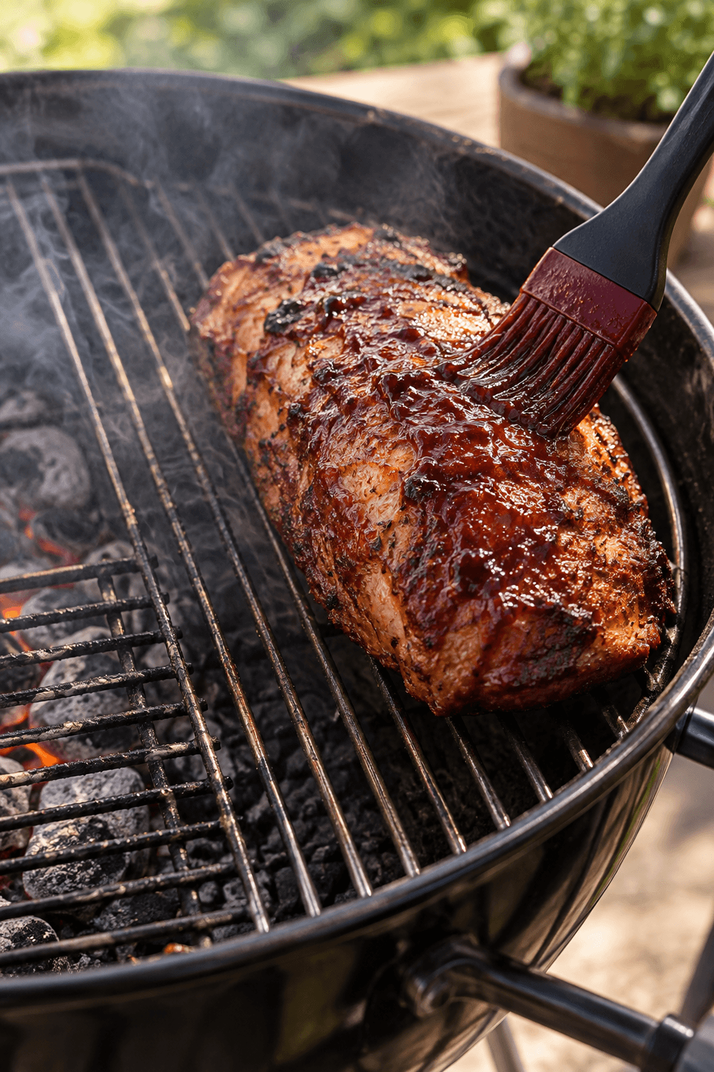 Én nakkefilet pensles med blank blomme-miso-glasur på indirekte grill