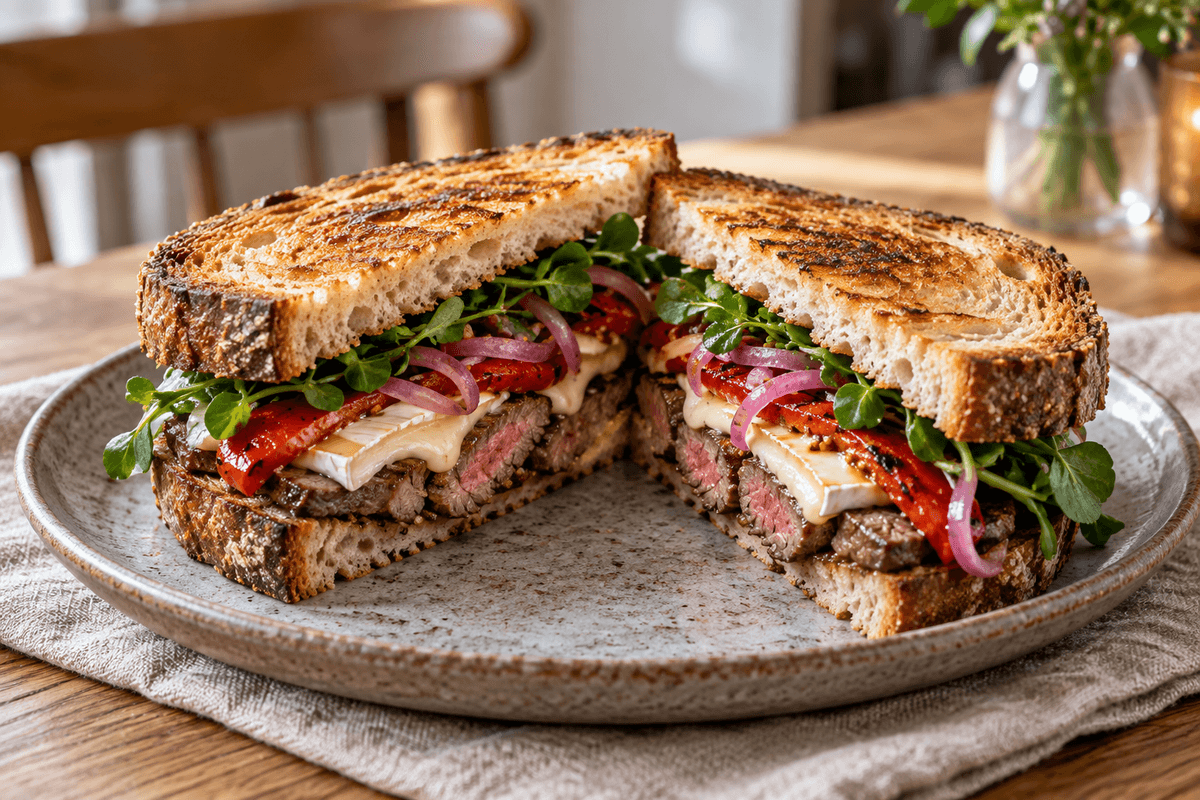 Grillet oksemørbradsandwich med brie, røget peberfrugt og brøndkarse