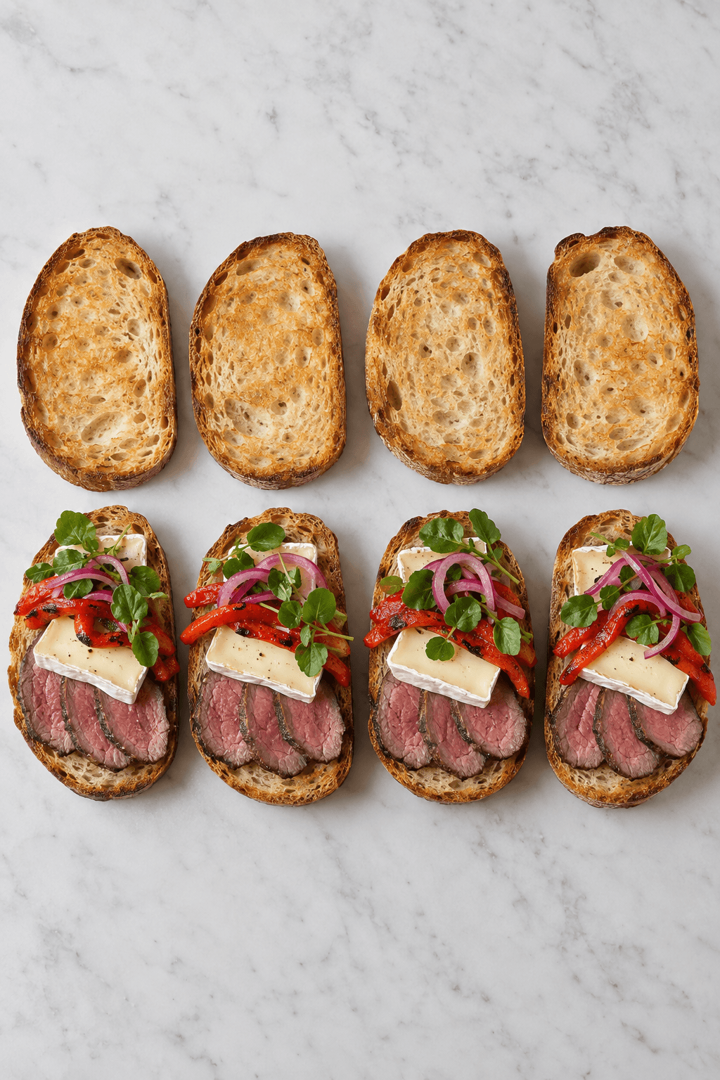 Fire sandwichbunde har hver tre oksemørbradsskiver, brie, peberfrugt, brøndkarse og løg