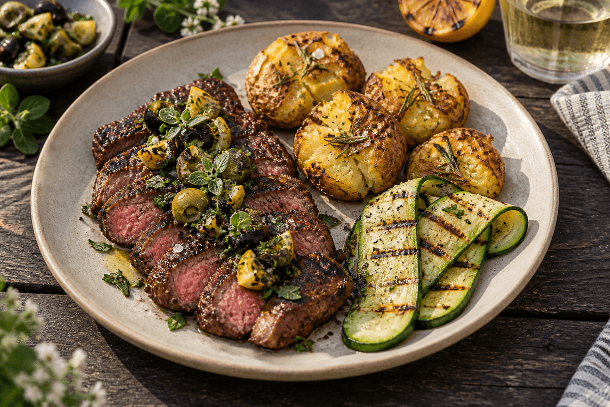 Grillet ribeye med oliven-oreganorelish, knuste rosmarinkartofler og grillet squash