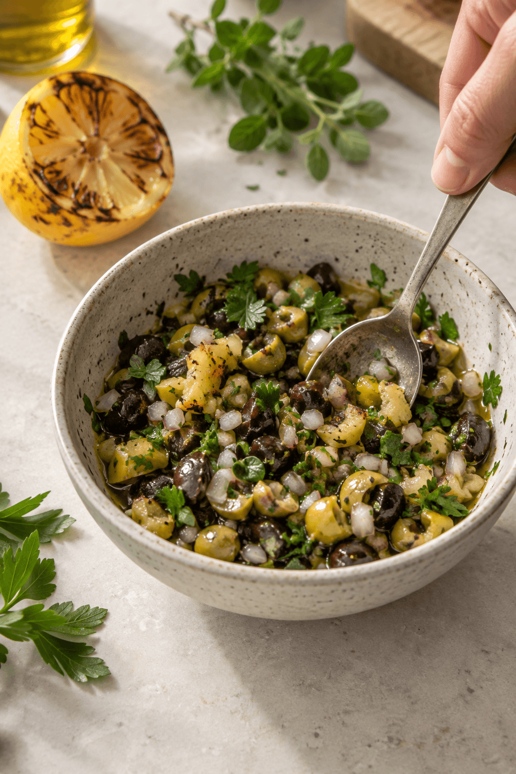 Grov relish af grønne og sorte oliven, oregano, persille, skalotteløg og grillet citron røres sammen