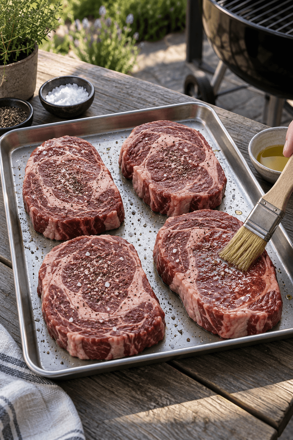Fire rå ribeye-steaks duppes tørre, krydres og pensles let med olie før grillning