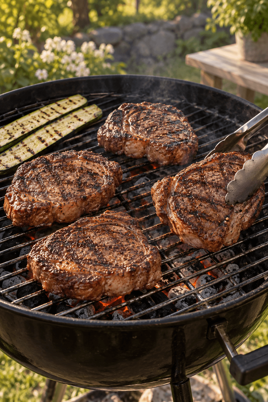 Fire ribeye-steaks grilles over direkte varme med squash i den køligere side