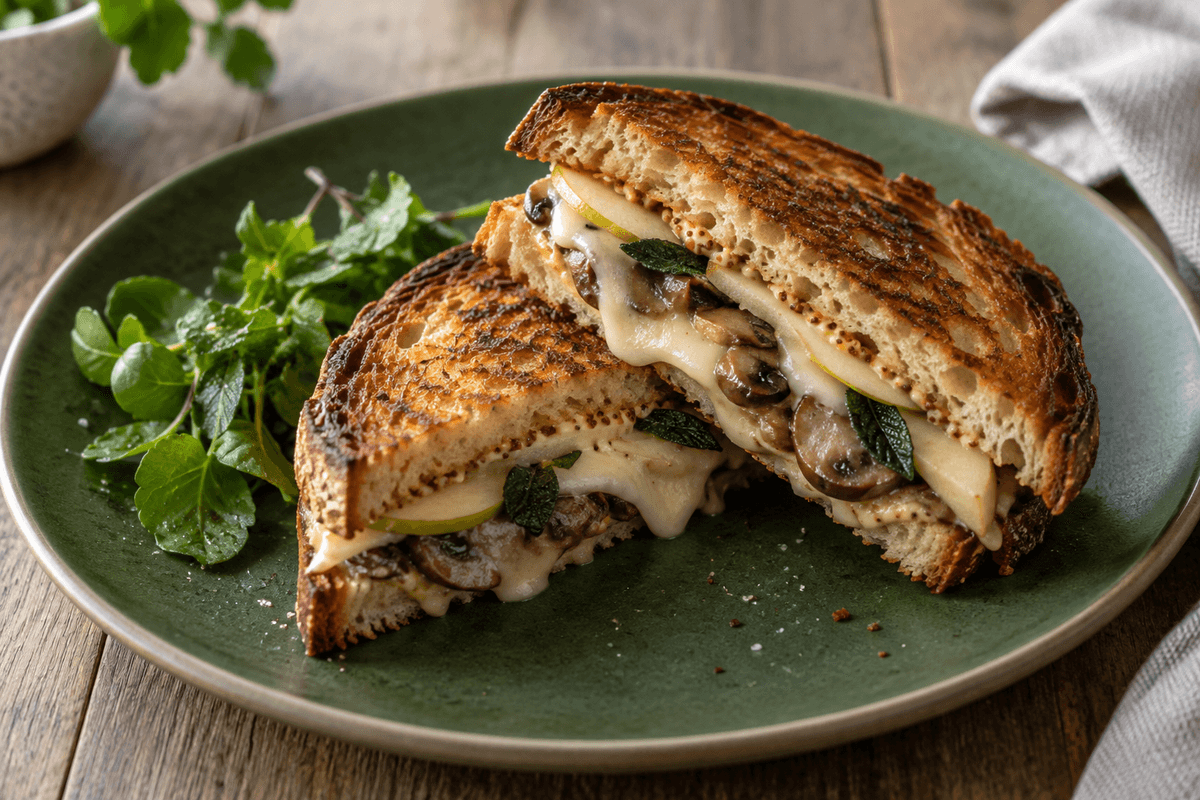 Grillet svampesandwich med fontina, salvie, pære og sennepscreme