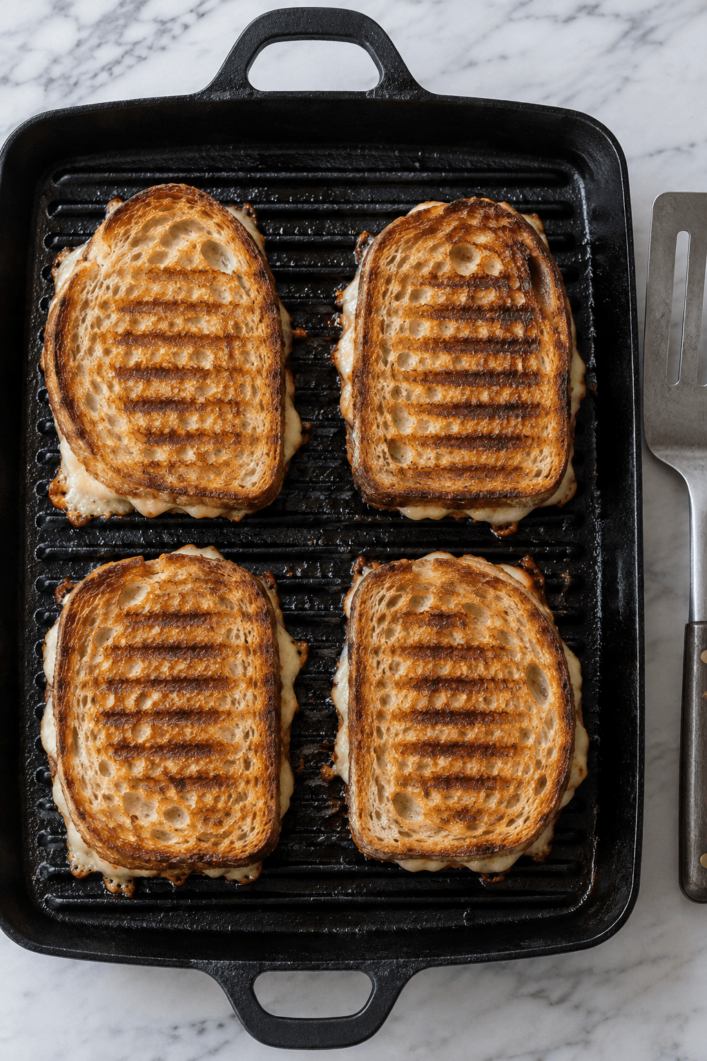 Fire gyldne svampesandwiches grilles på riflet pande