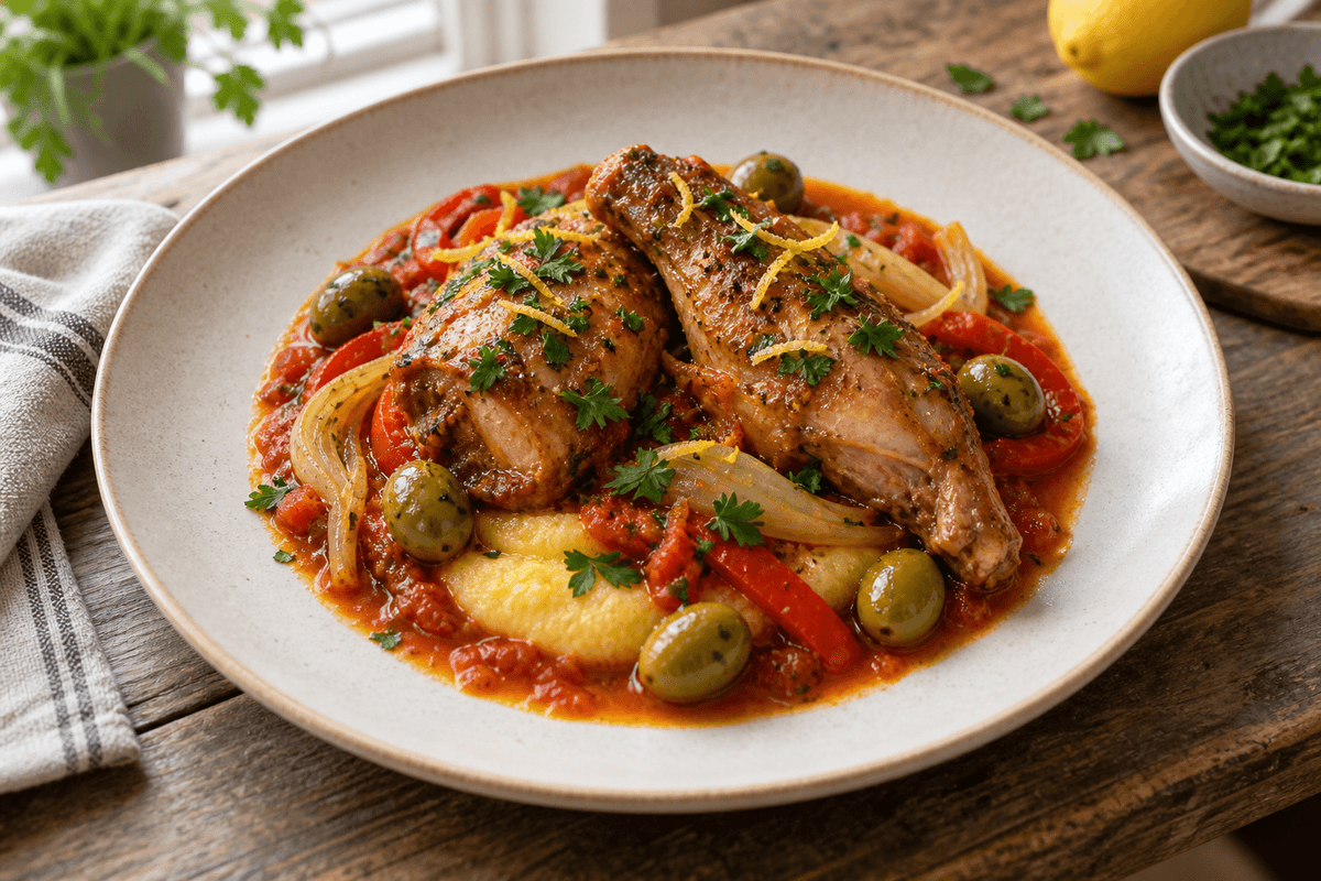 Grydestegt kanin med safran-tomat, fennikel, grønne oliven og cremet polenta