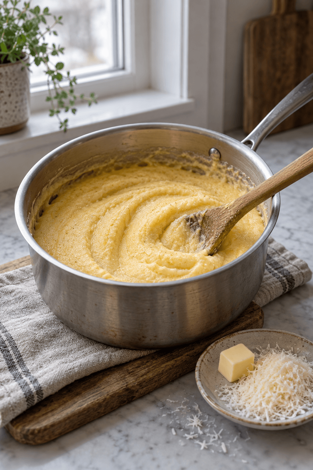 Cremet polenta røres med smør og parmesan i én gryde