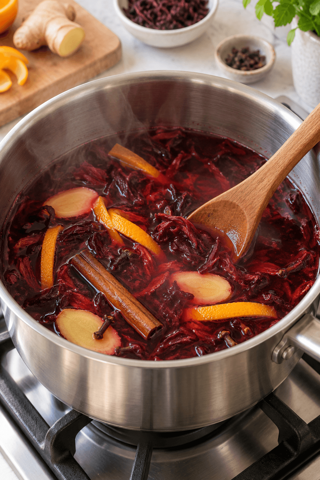 Hibiscus, ingefær, appelsinskal og krydderier trækker i en gryde