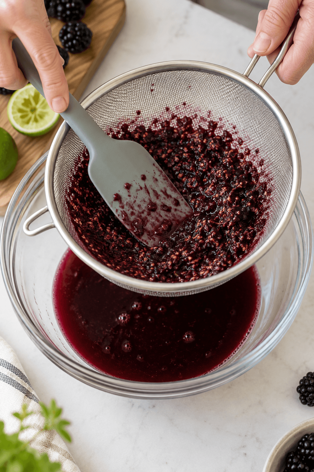 Brombær og limesaft presses gennem en fin si til punchbase