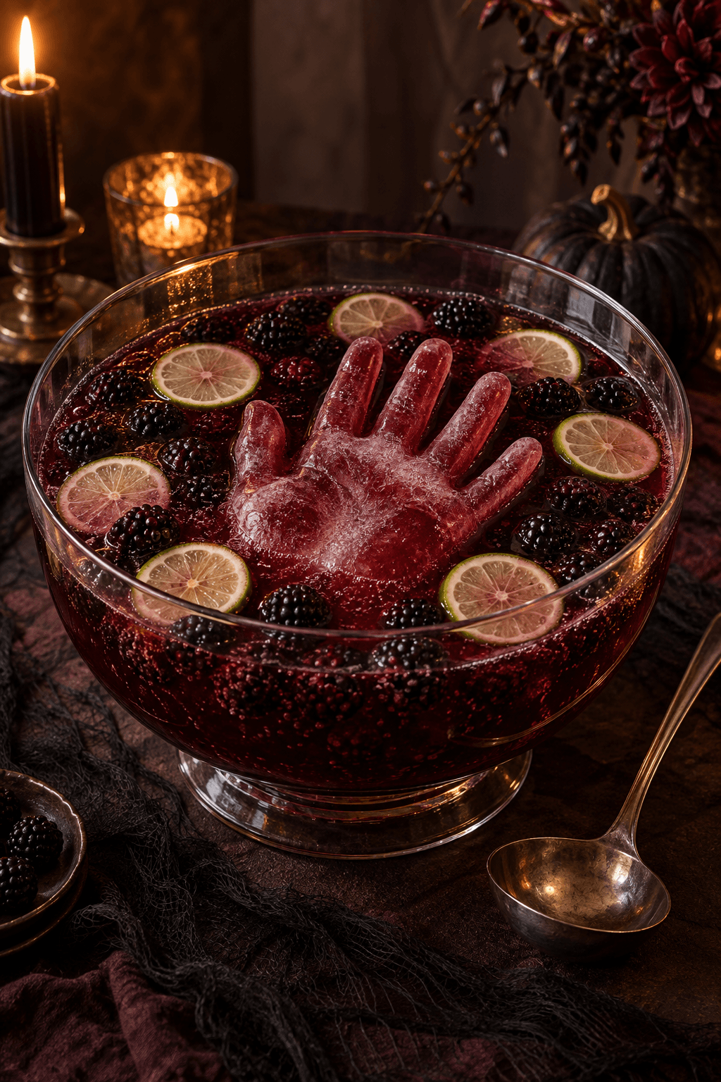 En rød frossen hånd med fem fingre flyder i mørk halloweenpunch