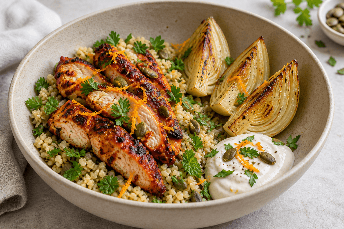 Harissa-appelsinkylling med urtebulgur, tre fennikelbåde og tahinyoghurt