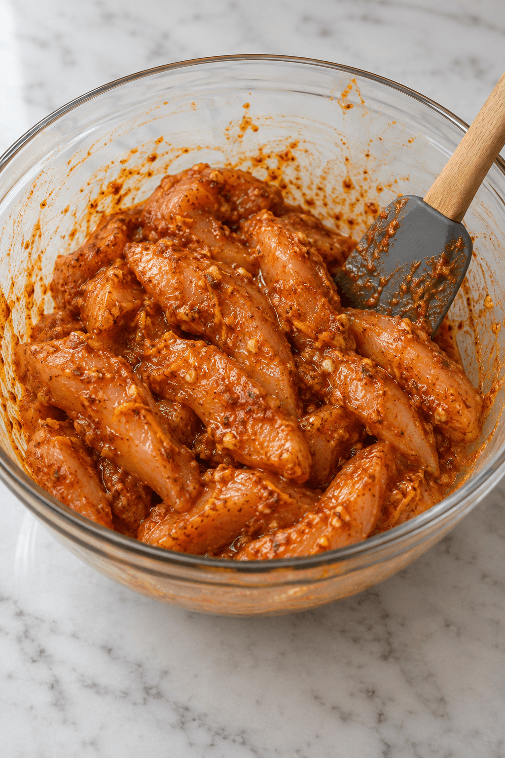 Rå kyllingestrimler dækkes af harissa-appelsinmarinade i én glasskål