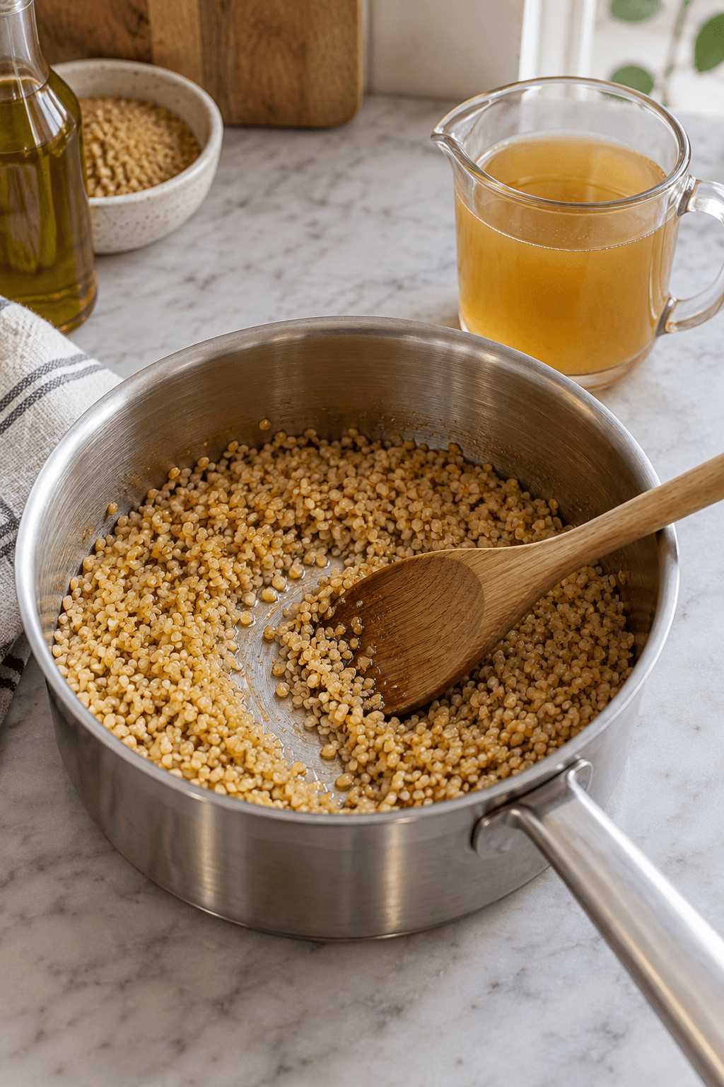 Tør bulgur ristes i én gryde med grøntsagsfond klar i en kande