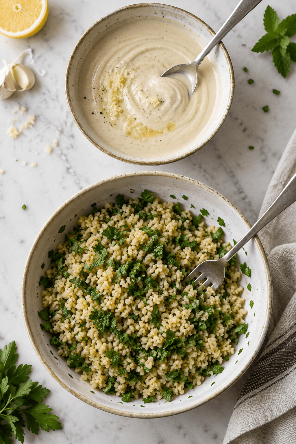 Tahinyoghurt røres glat, mens persille og mynte vendes i bulgur i en anden skål