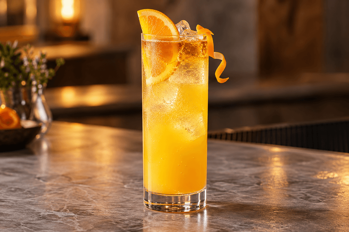 Harvey Wallbanger med appelsin, mandarin, Galliano-float, is og bobler