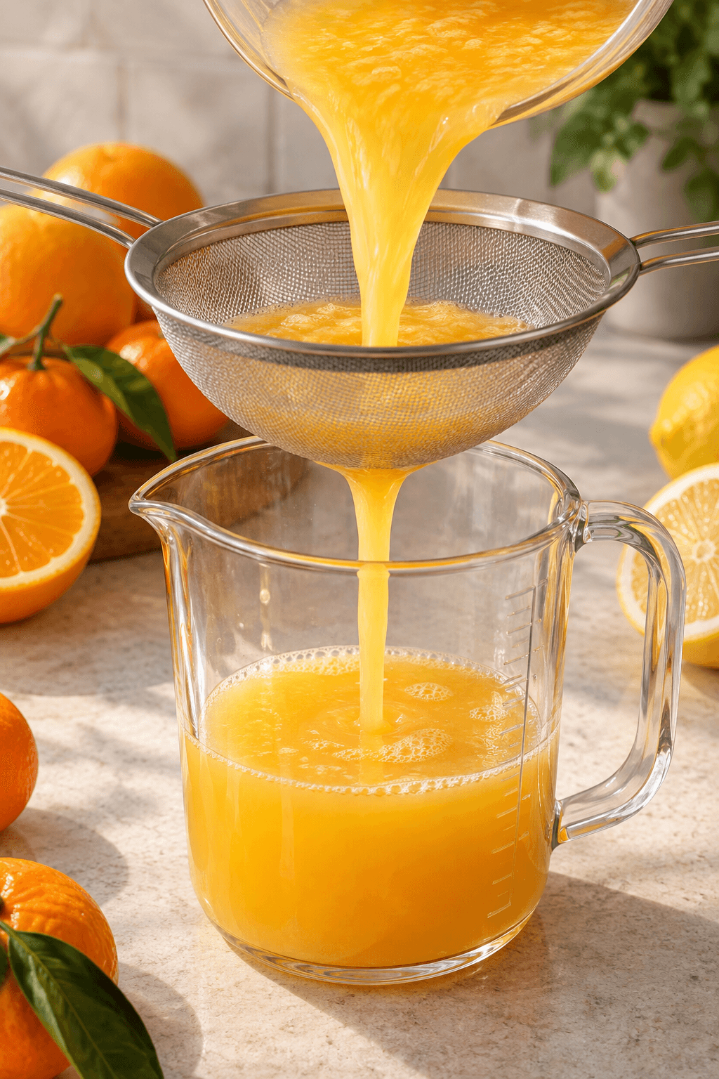 Appelsin-, mandarin- og citronsaft sies i ét målebæger