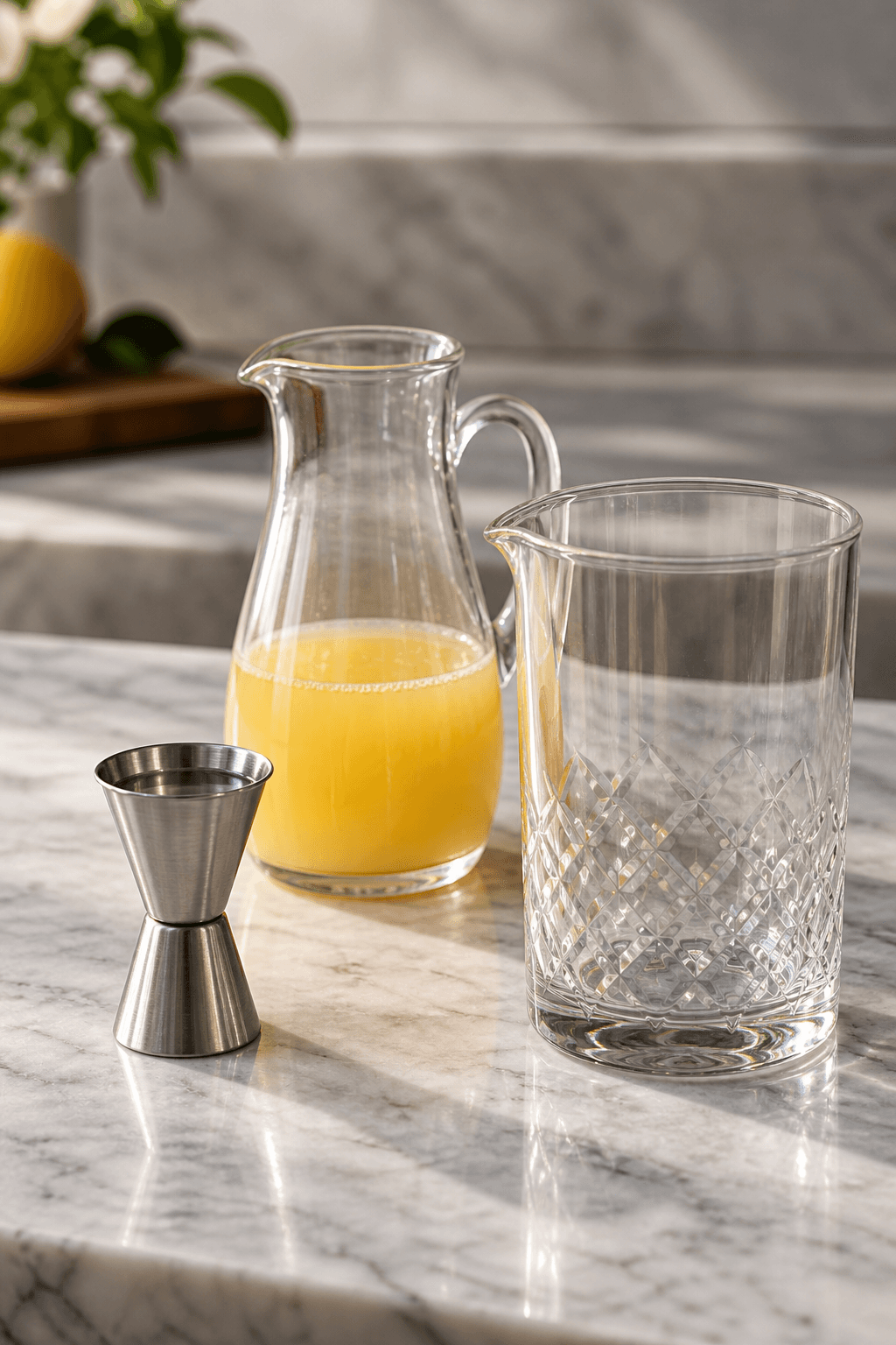 Vodka måles præcist ved siet gylden citrusjuice og et tomt røreglas