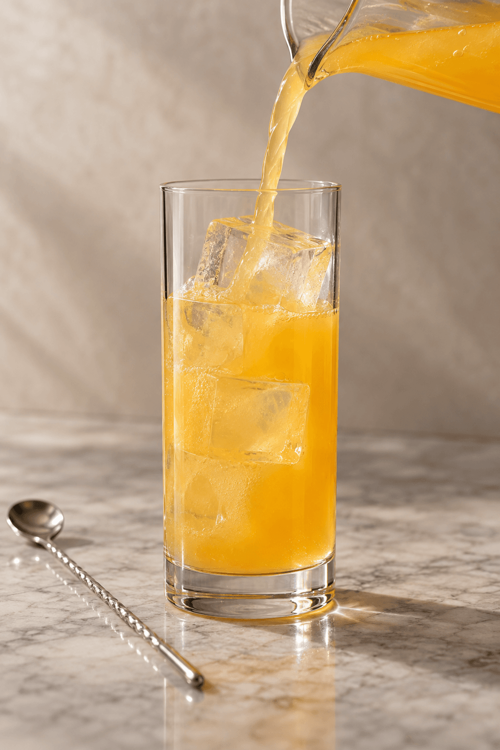Gylden vodka-citrusbase hældes over store isterninger i ét Collins-glas