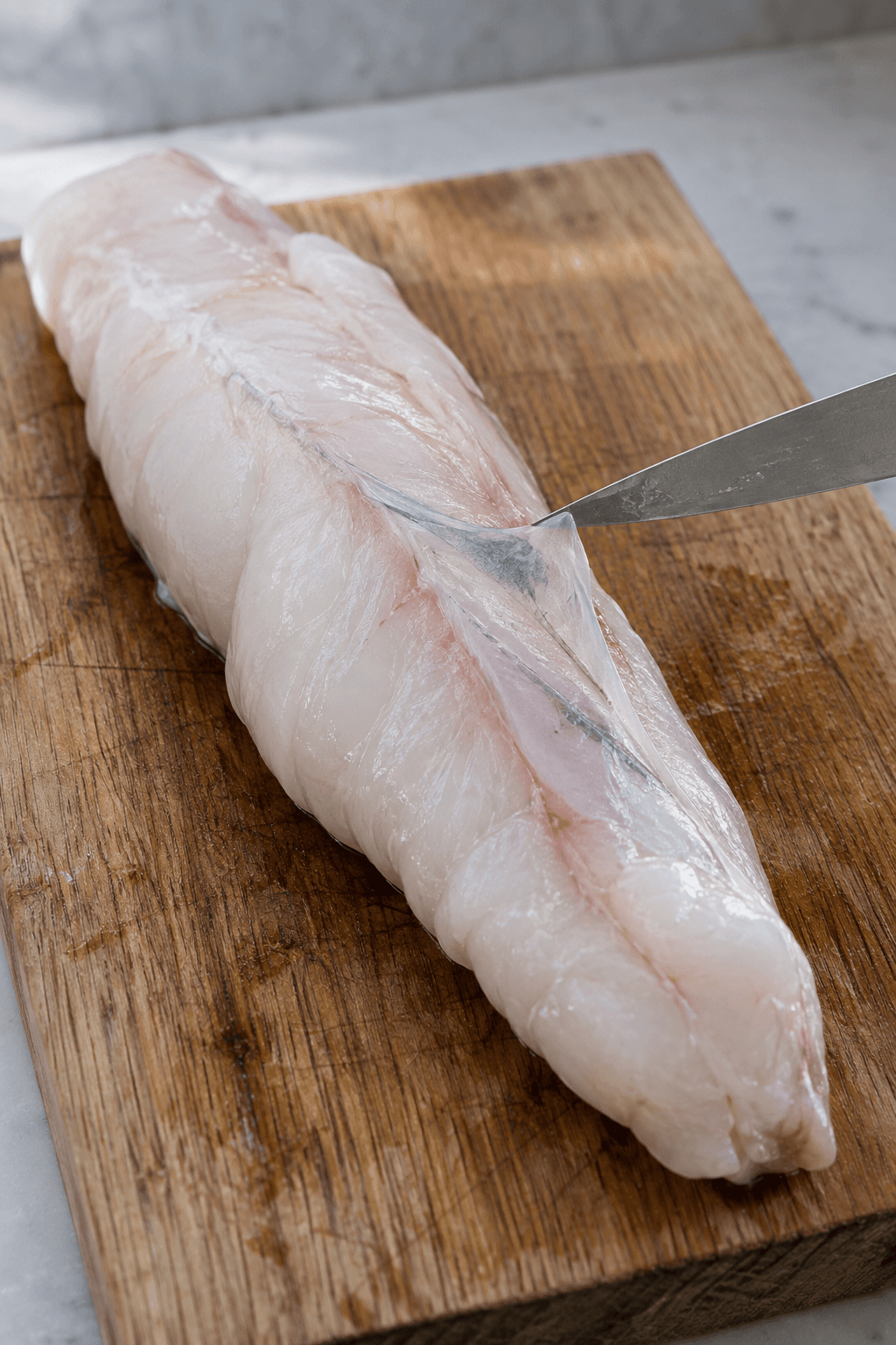 Den gennemsigtige hinde fjernes fra en rå havtaskefilet med en skarp kniv