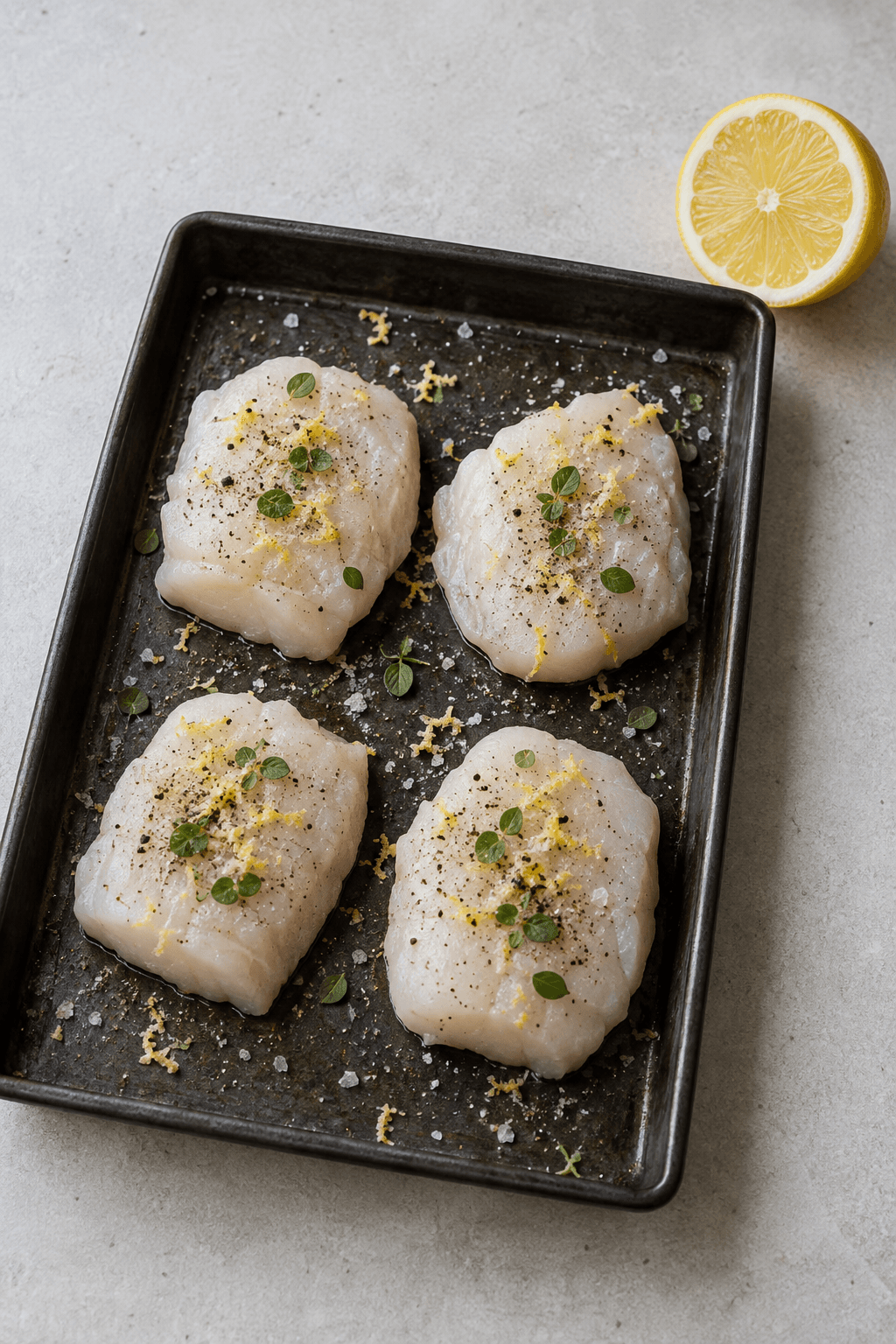 Fire rå havtaskemedaljoner med citron og oregano på én bakke