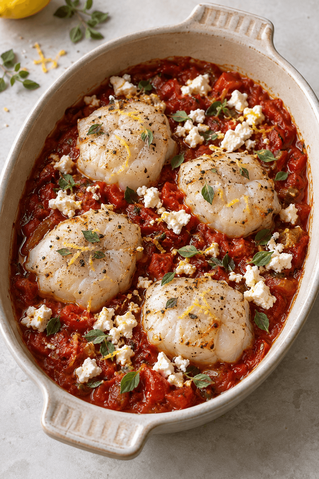 Fire brunede havtaskemedaljoner med tomatsauce og feta i ét ovnfad før bagning