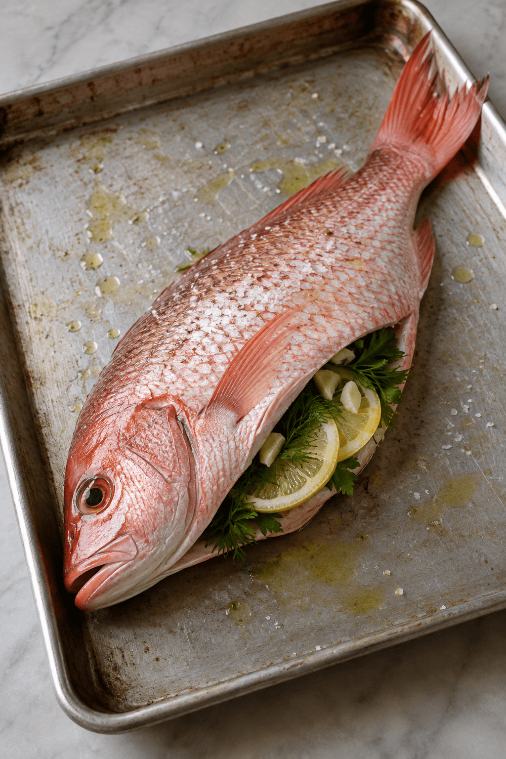 En hel rå rødfisk er fyldt løst med citron, dild, persille og hvidløg