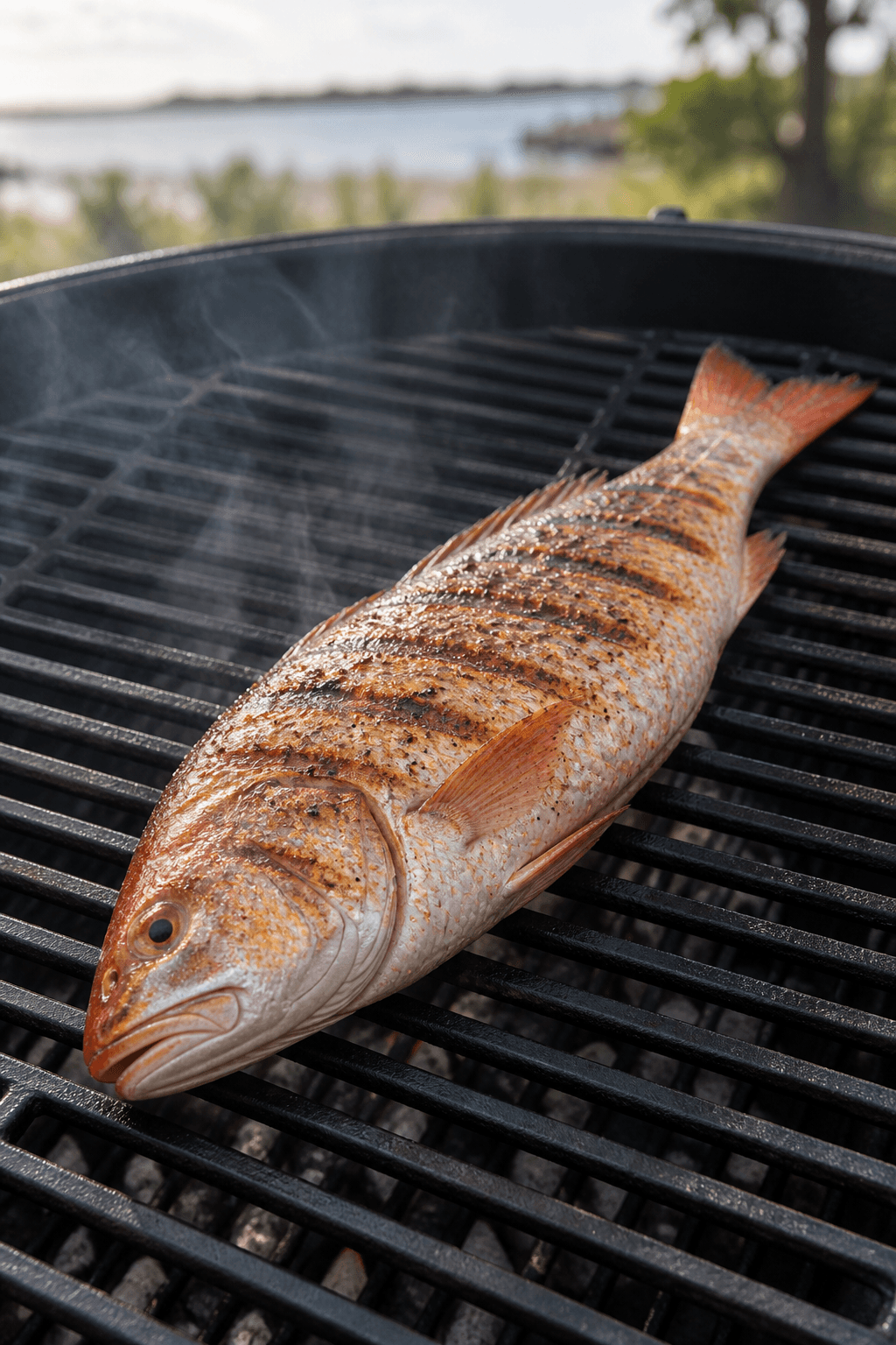 En hel rødfisk grilles på første side med begyndende bronzegrillmærker