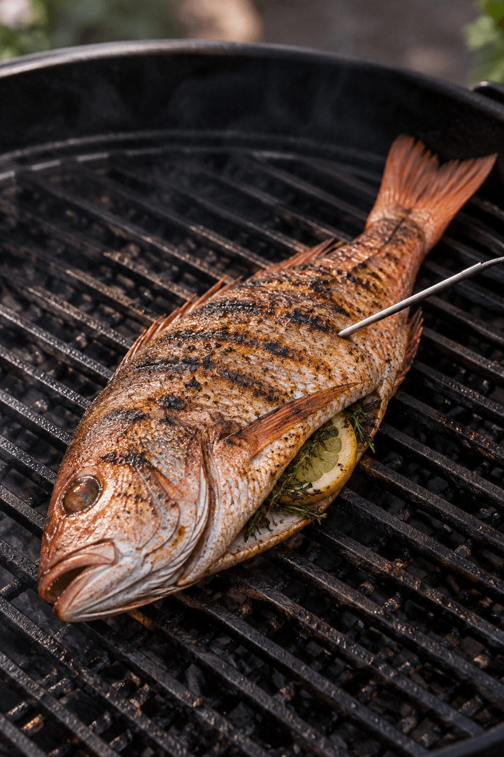 En hel grillet rødfisk er vendt, og temperaturen måles ved den tykke skulder