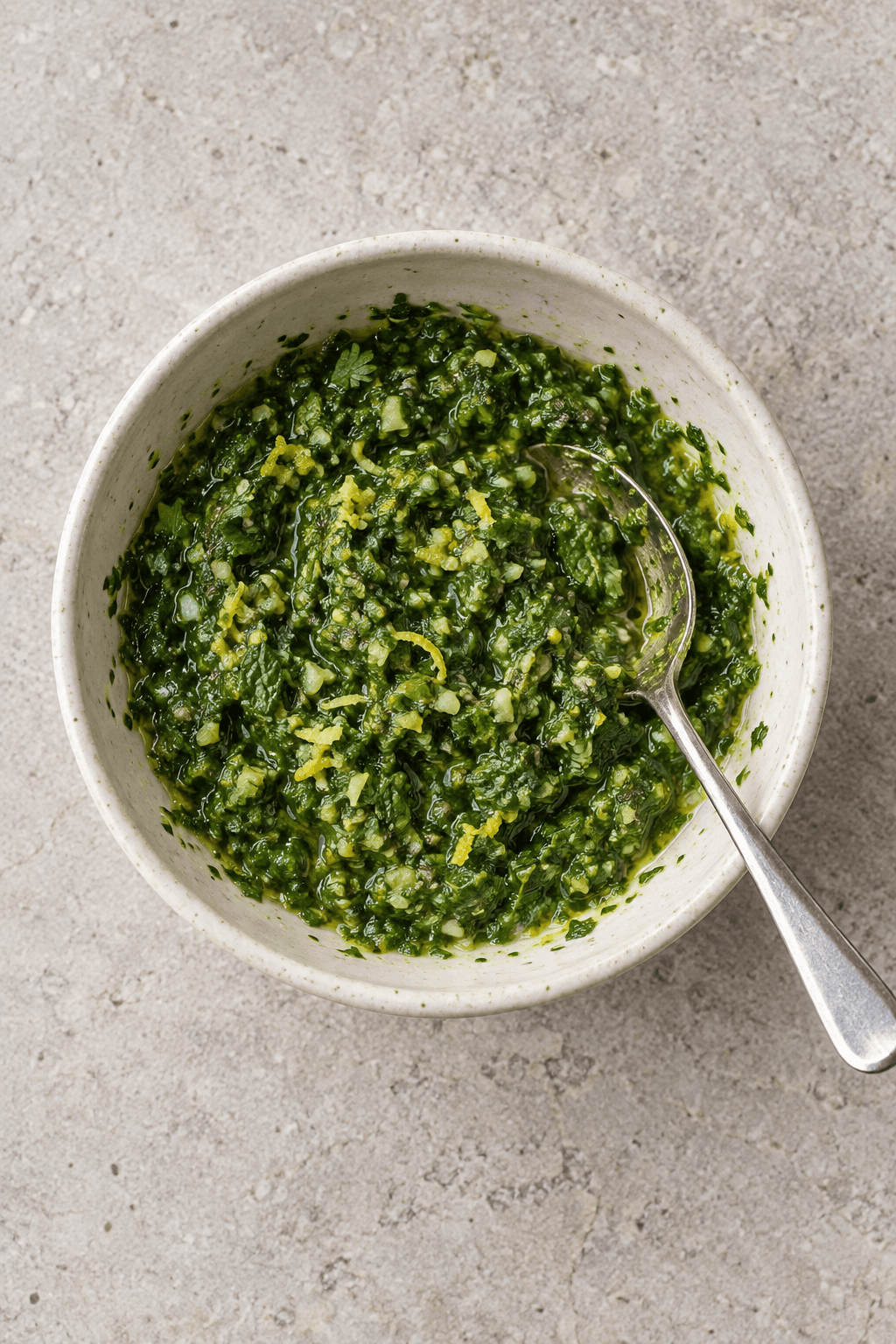 Grov grøn urtecrust med mynte, persille, koriander og citron i en skål