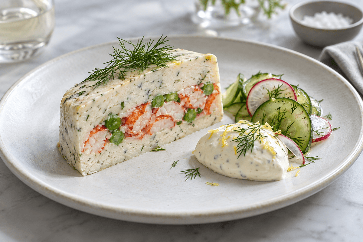 Helleflynderterrine med hummer, ærter, dild, peberrodscreme og agurkesalat