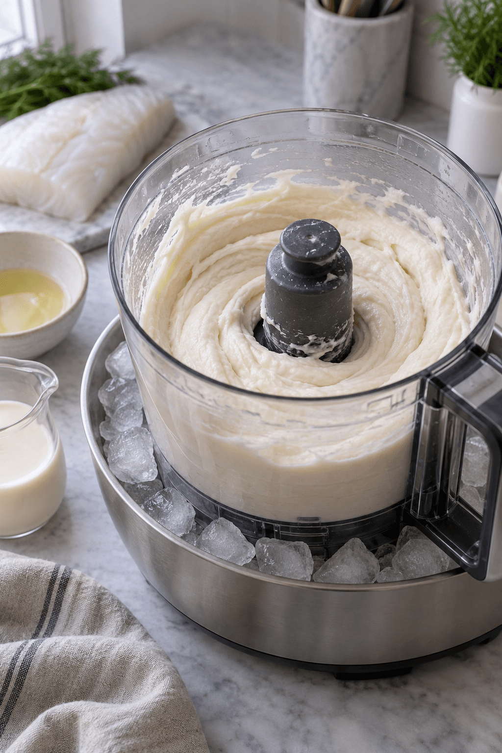 Kold, glat helleflynderfars køres med æggehvide og fløde i én foodprocessor