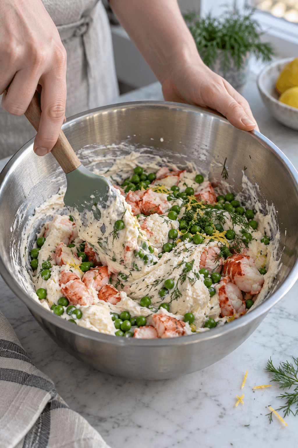 Kogt hummer, grønne ærter, dild og citron foldes i kold helleflynderfars