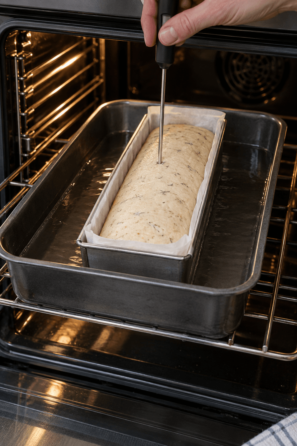 Bleg helleflynderterrine måles i midten under bagning i vandbad