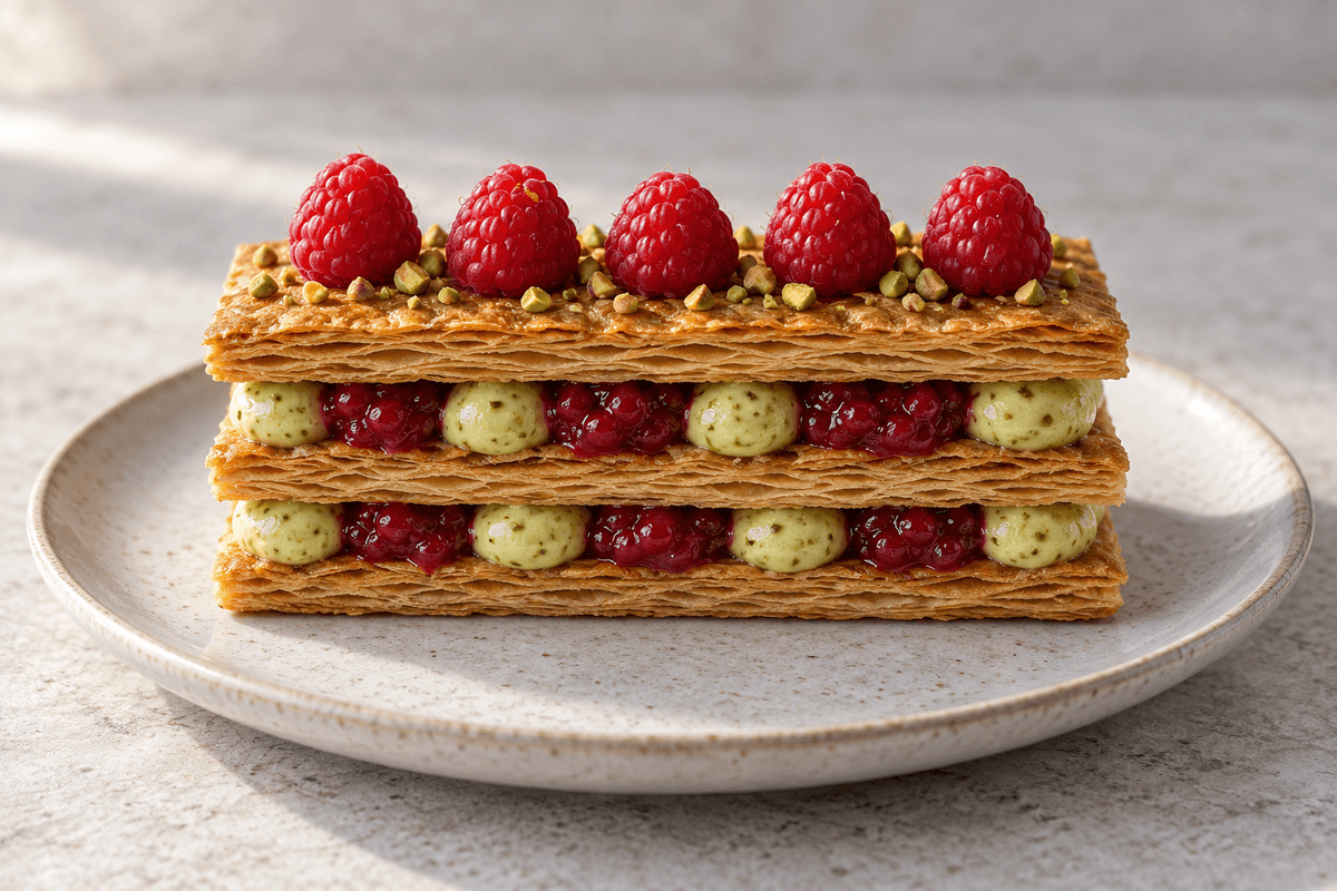 Hindbær-mille-feuille med tre butterdejslag, pistaciecreme og citron