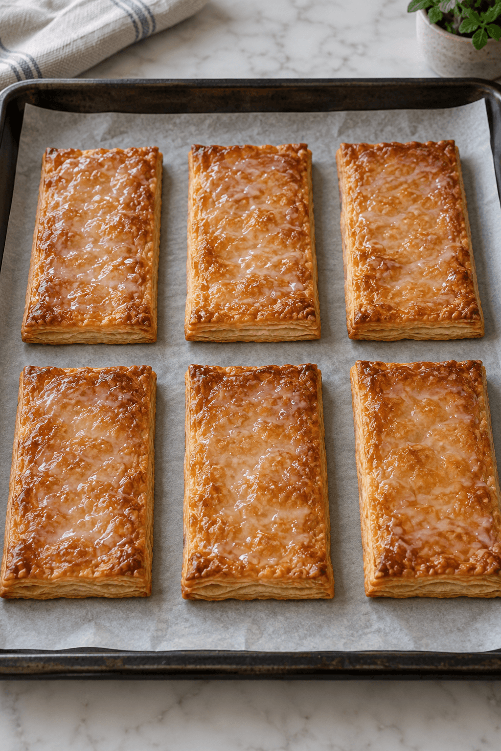 Seks flade, gyldne og karamelliserede butterdejsplader på en bageplade