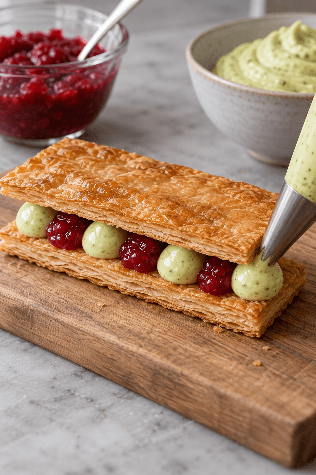 Mille-feuille samles med første fyldlag af pistaciecreme og hindbærkompot